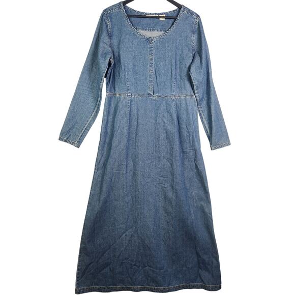 VTG Eddie Bauer Long Sleeve Denim Dress Sz L Blue 100% Cotton Maxi Snap Modest - Picture 1 of 16
